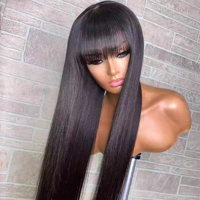 13x4 Full Frontal Human Hair Wigs with Bangs 180% Density Vietnamese Virgin Hair Glueless Lace Wigs for Woman