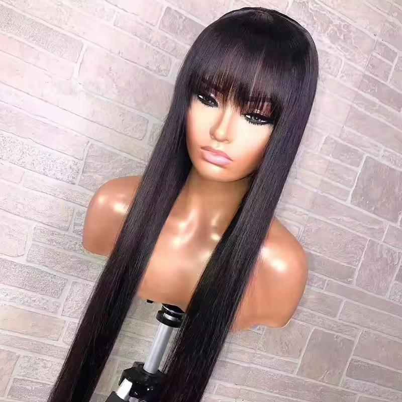 13x4 Full Frontal Human Hair Wigs with Bangs 180% Density Vietnamese Virgin Hair Glueless Lace Wigs for Woman