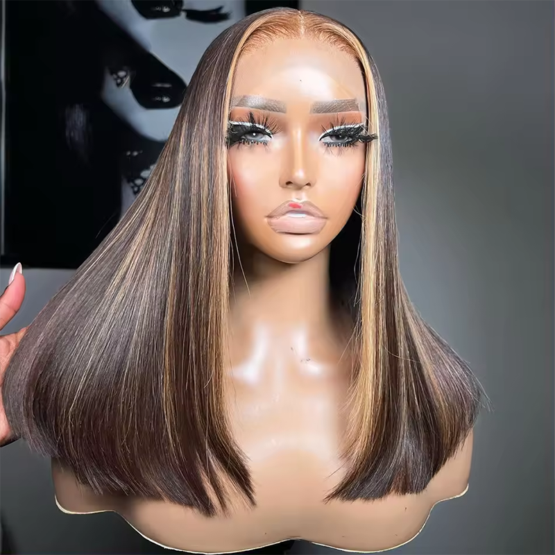 Highlight Blonde Full Frontal Wigs Human Hair Pre Plucked Virgin Brazilian Hair Glueless Short Bob Wigs for Woman