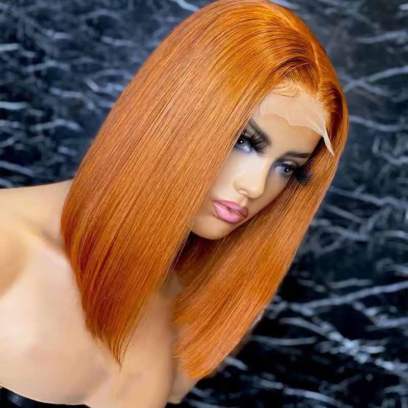 13x4 Full Frontal Wigs Human Hair Ginger Orange Virgin Brazilian Hair Glueless Bob Full Frontal Wigs 180% Density for Woman