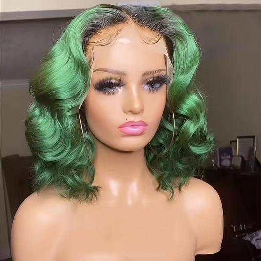 Green Color Lace Front Human Hair Wigs Green Color Virgin Brazilian Hair Short Wavy Frontal Wigs 180% Density for Woman