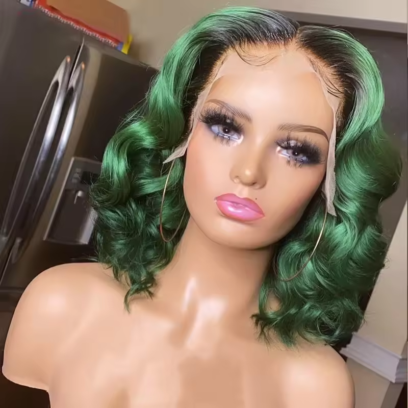 Green Color Lace Front Human Hair Wigs Green Color Virgin Brazilian Hair Short Wavy Frontal Wigs 180% Density for Woman