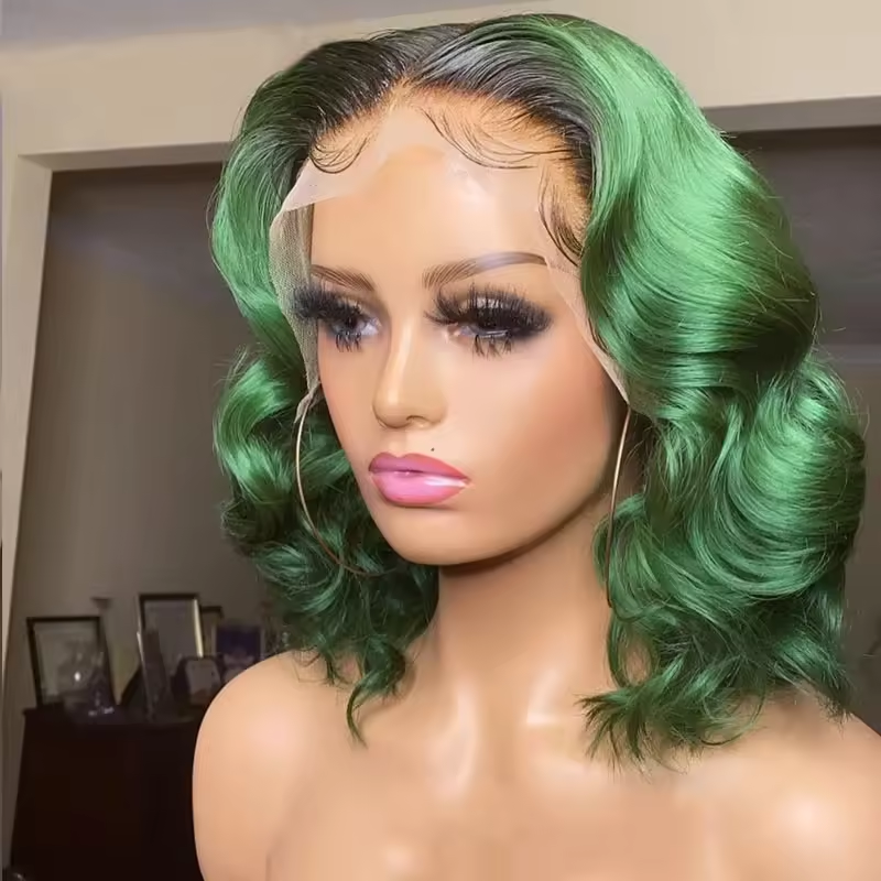 Green Color Lace Front Human Hair Wigs Green Color Virgin Brazilian Hair Short Wavy Frontal Wigs 180% Density for Woman