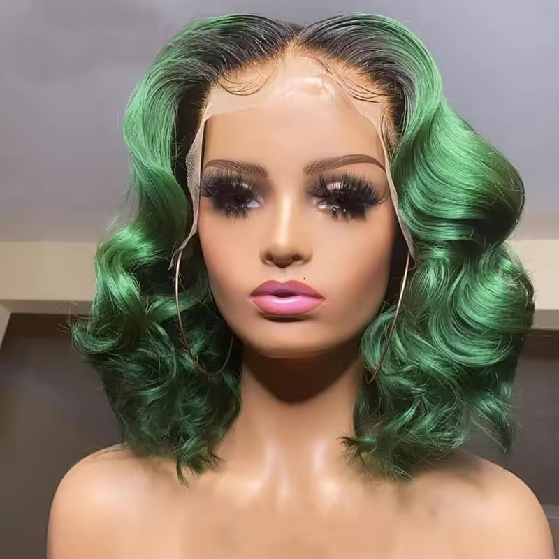 Green Color Lace Front Human Hair Wigs Green Color Virgin Brazilian Hair Short Wavy Frontal Wigs 180% Density for Woman