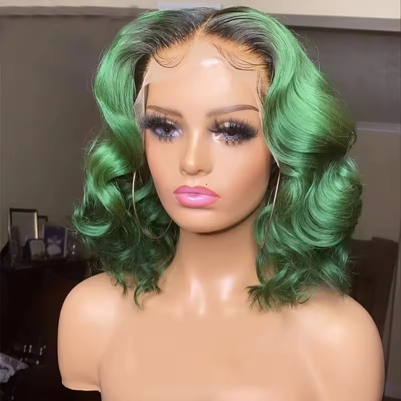 Green Color Lace Front Human Hair Wigs Green Color Virgin Brazilian Hair Short Wavy Frontal Wigs 180% Density for Woman