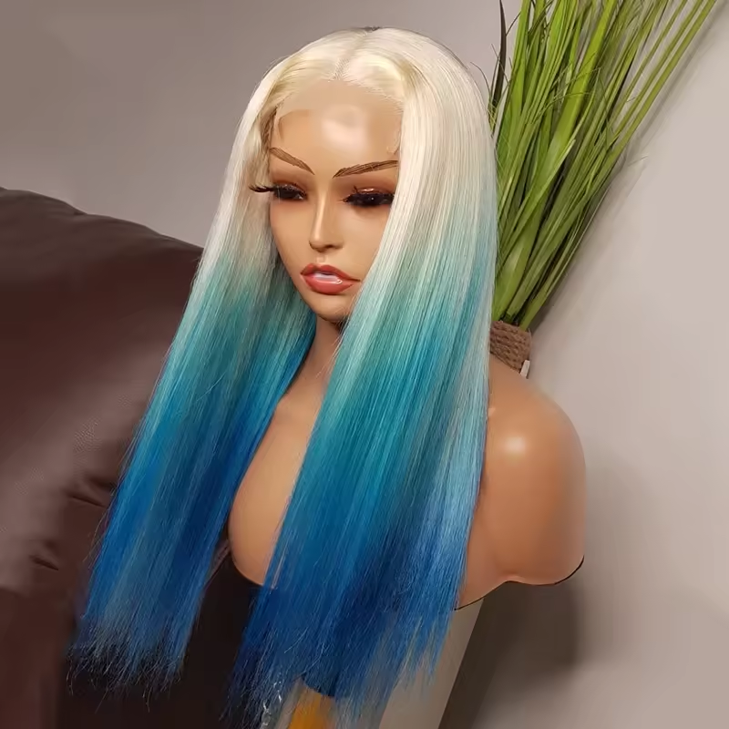 Lace Front Straight Human Hair Wigs Ombre 613/Blue 100% Raw Virgin Hair Glueless Lace Frontal Wigs Pre Plucked for Woman