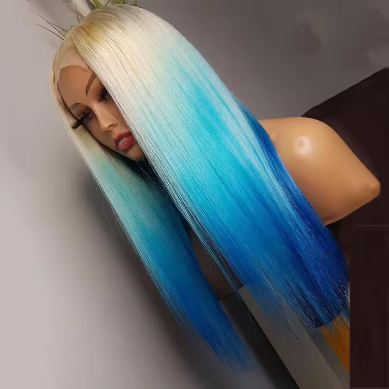 Lace Front Straight Human Hair Wigs Ombre 613/Blue 100% Raw Virgin Hair Glueless Lace Frontal Wigs Pre Plucked for Woman