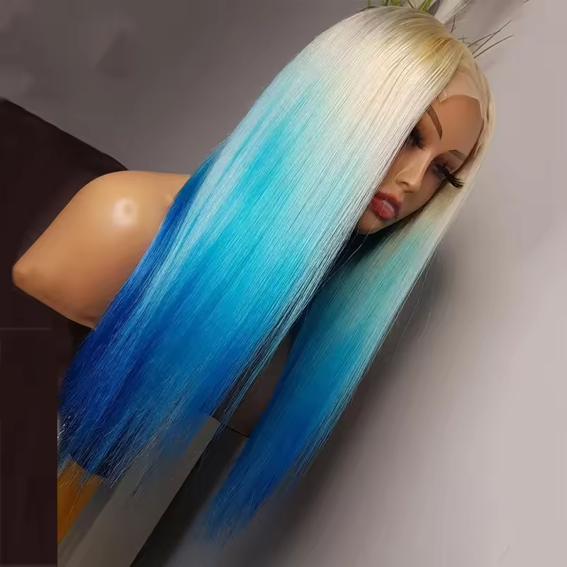 Lace Front Straight Human Hair Wigs Ombre 613/Blue 100% Raw Virgin Hair Glueless Lace Frontal Wigs Pre Plucked for Woman