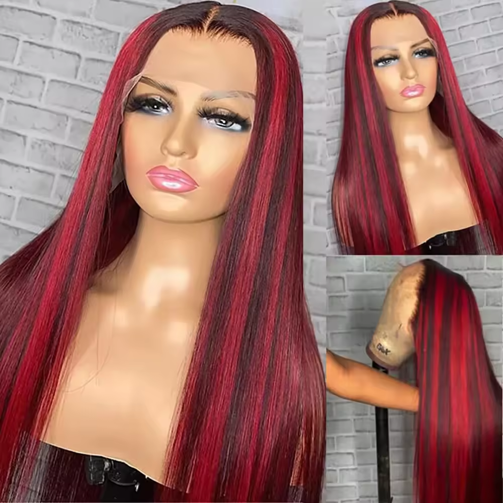 13x4 Lace Front Wigs Human Hair Highlight Red Raw Virgin Hair Glueless Straight Lace Frontal Wigs 180% Density for Woman