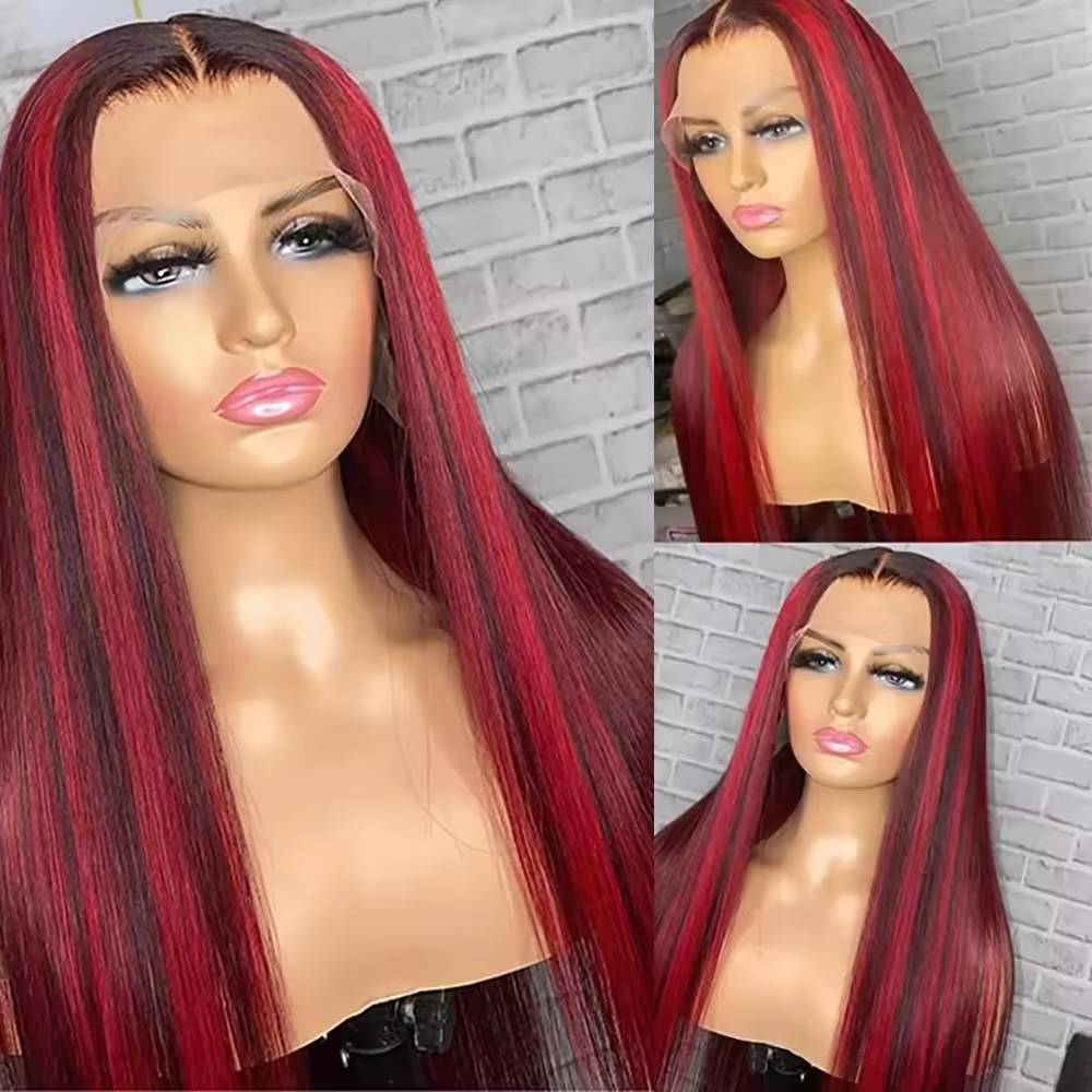 13x4 Lace Front Wigs Human Hair Highlight Red Raw Virgin Hair Glueless Straight Lace Frontal Wigs 180% Density for Woman