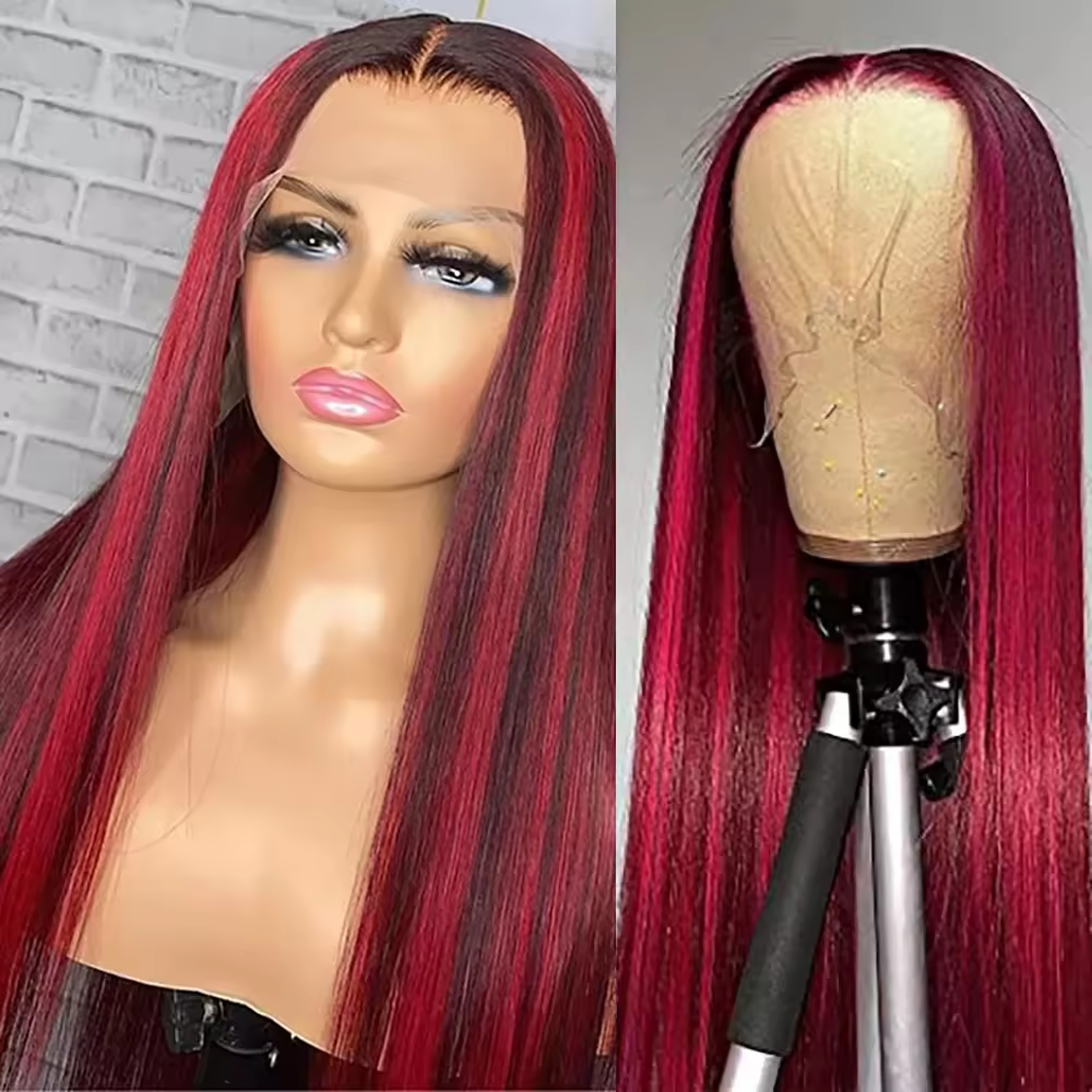 13x4 Lace Front Wigs Human Hair Highlight Red Raw Virgin Hair Glueless Straight Lace Frontal Wigs 180% Density for Woman