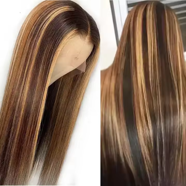 Highlight Brown/Blonde Full Lace Wigs Human Hair 100% Virgin Raw Hair Glueless Silky Straight Wigs for Woman