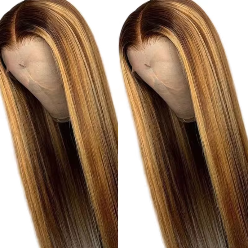 Highlight Brown/Blonde Full Lace Wigs Human Hair 100% Virgin Raw Hair Glueless Silky Straight Wigs for Woman